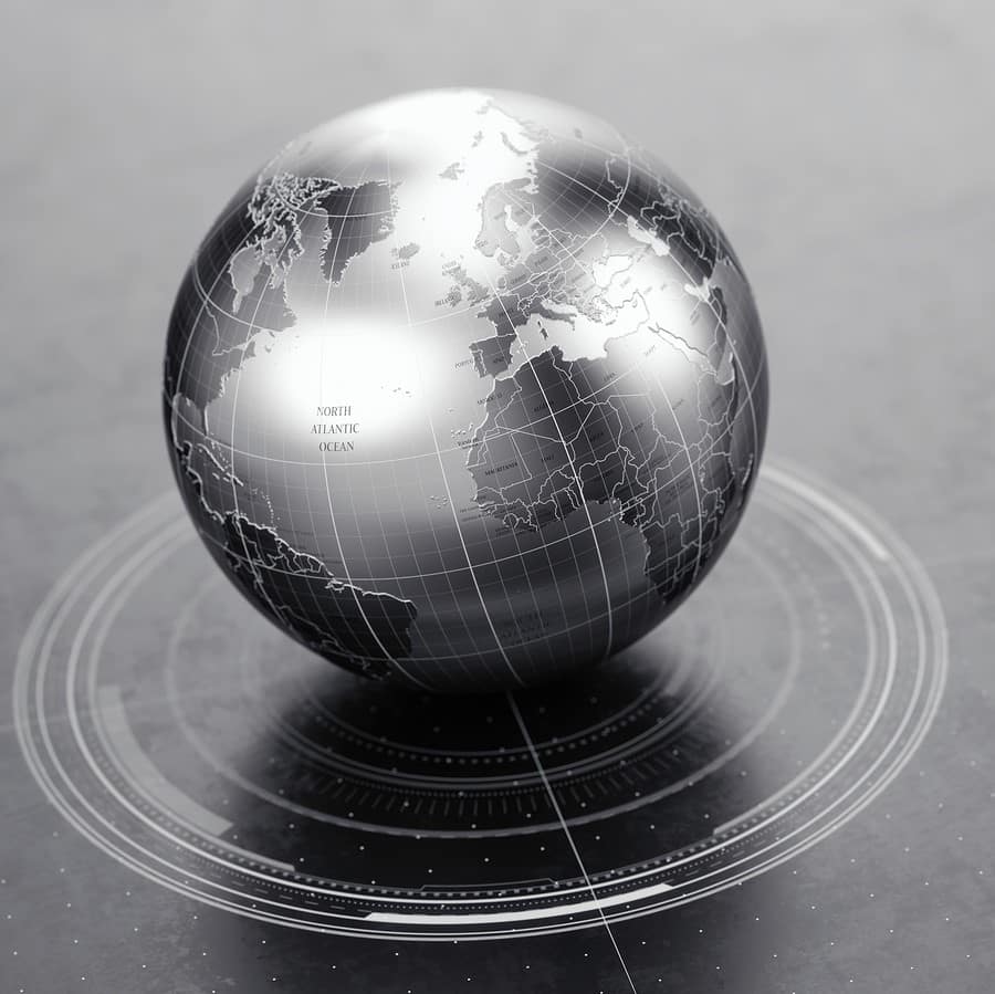 metallic World Globe on dark reflective surface. 3d illustration